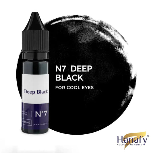 Hanafy Eyeliner N7 Deep Black pigment bottle with deep black color swatch for precise and long-lasting eye makeup